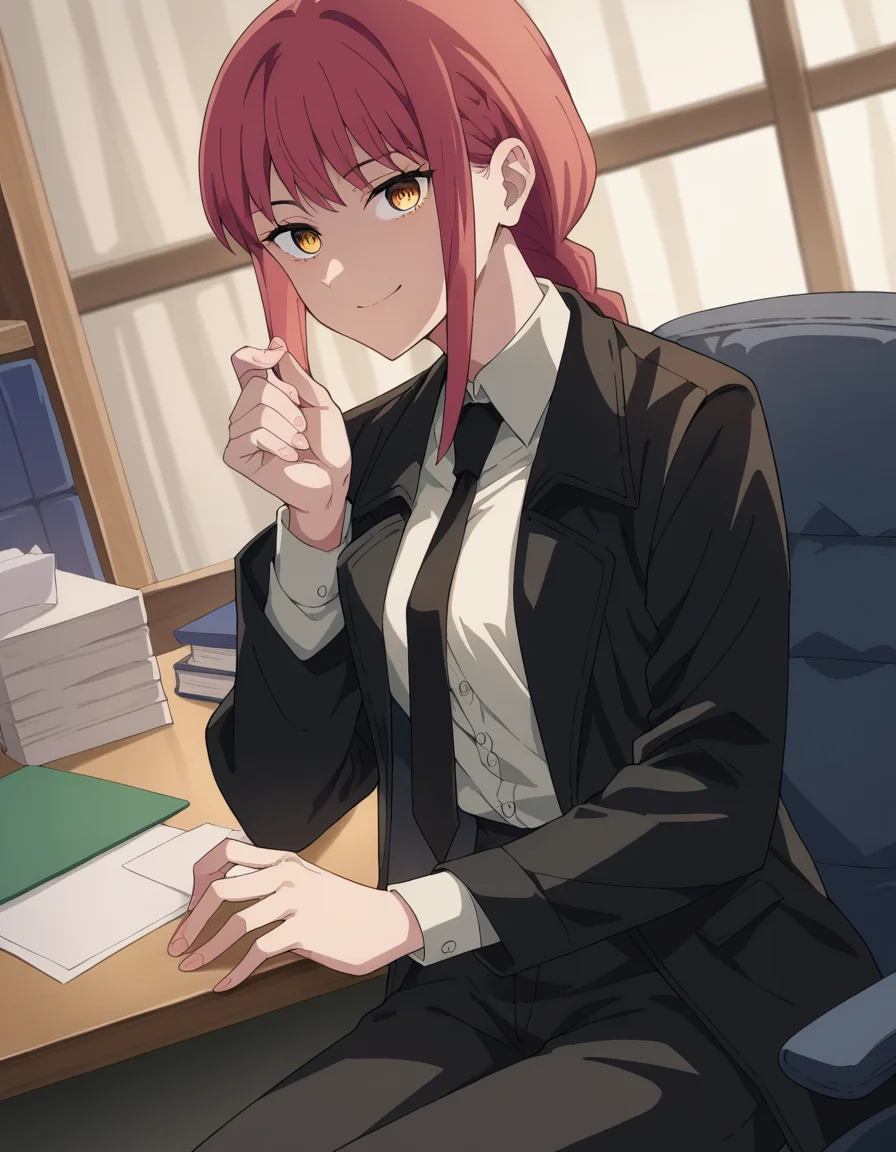 score_9, score_8_up, score_7_up, source_anime,
makima, <lora:chainsaw-man-makima-s1-ponyxl-lora-nochekaiser:1>
makima, long hair, smile, bangs, yellow eyes, braid, red hair, braided ponytail, ringed eyes,
shirt, long sleeves, jacket, white shirt, necktie, collared shirt, pants, black jacket, black pants, formal, suit, black necktie, shirt tucked in, office lady,
indoors, office, sitting, chair, smile,
looking at viewer, cowboy shot, dutch angle,