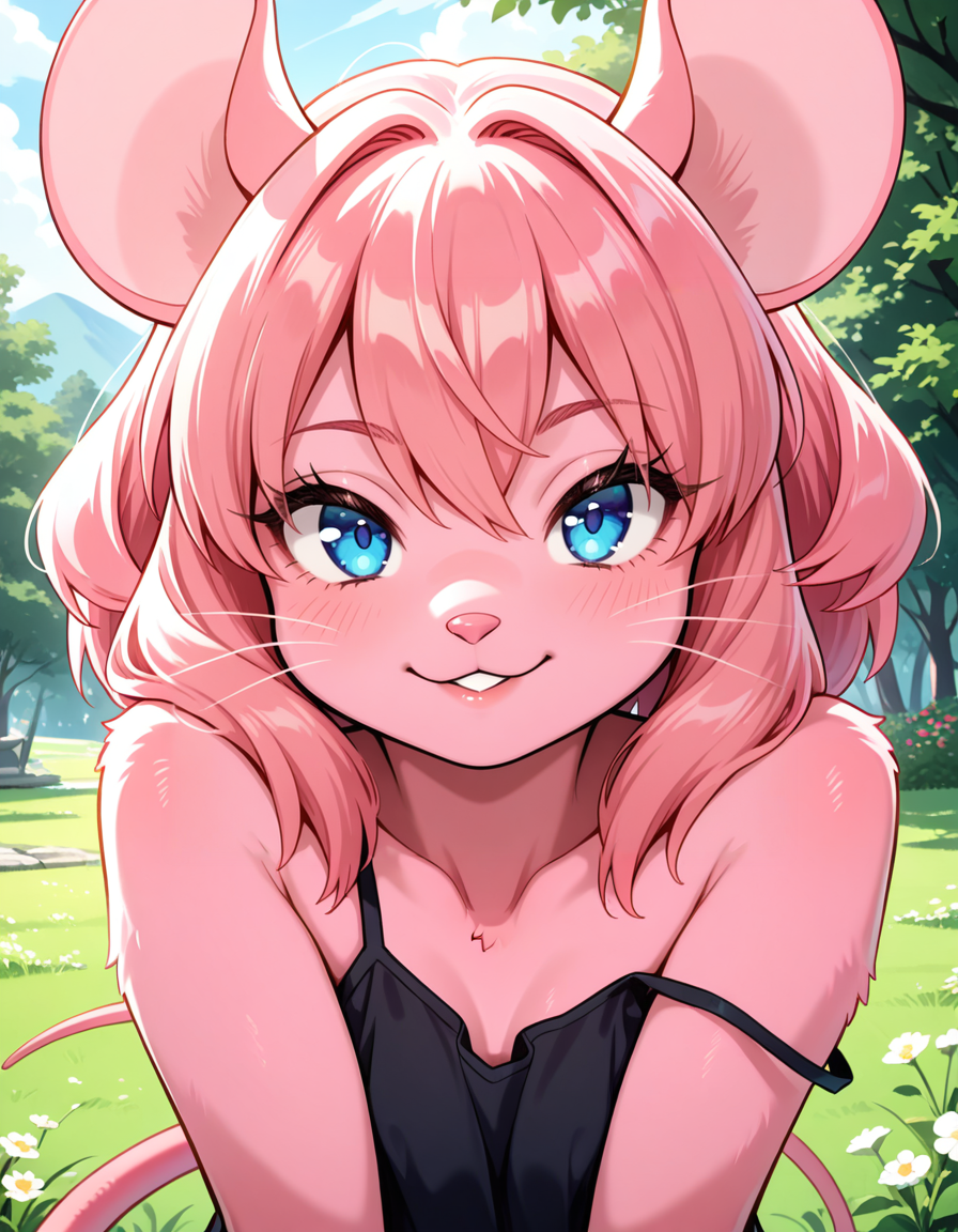 masterpiece, best quality, very aesthetic, absurdres,
outdoors,  
upper body, posing, 
 seductive smile, parted lips, long eyelashes,
 <lora:Mouse_Girl_v01_NAIXL:1>
M0sgr1,1girl,solo,furry,furry female,mouse girl,mouse ears,pink hair,short hair,blue eyes,snout,animal nose,whiskers,buck teeth,body fur,pink fur,mouse tail,