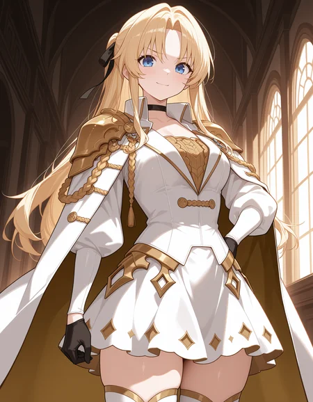(masterpiece,best quality:1.2),amazing quality,very aesthetic,absurdres,newest,
1girl, solo, vanguard_default, white dress, long sleeves, skirt, white thighhighs, shoulder armor, cape, choker, hair ribbon, golden aiguillette, black gloves,
cowboy shot, smile, determined, looking at viewer, standing, indoors
<lora:vanguard_azur_lane:1>