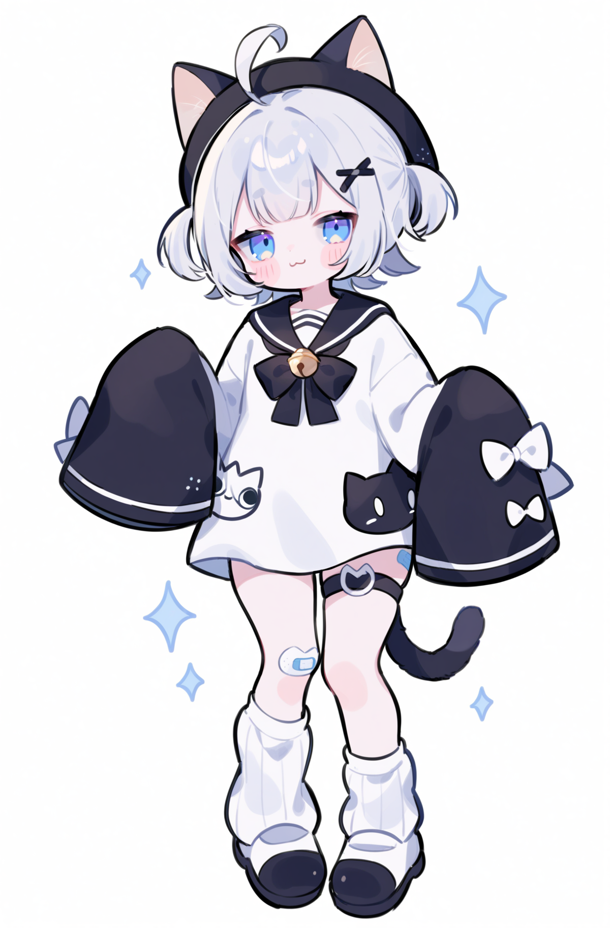 animal ears,1girl,solo,tail,bandaid on leg,white hair,blue eyes,sleeves past fingers,full body,cat ears,cat tail,sleeves past wrists,sailor collar,black sailor collar,bandaid,white background,bandaid on knee,hat,short hair,looking at viewer,ahoge,dress,bow,white dress,long sleeves,loose socks,sailor dress,thigh strap,bell,black headwear,simple background,:3,cat girl,blush,standing,socks,sparkle,
<lora:Lovely-000036:0.6>,