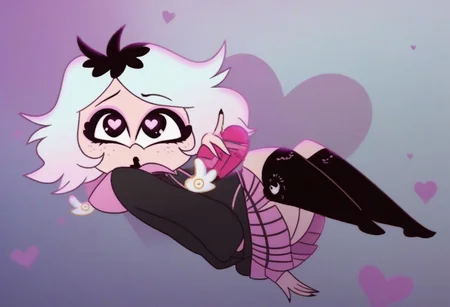 emberlynn, white hair, multicolored hair, black eyes, black lips, freckles, pink eyeshadow, shortstack, petite, black hoodie, pink hood, hood down, pink skirt, pleated skirt, plaid skirt, miniskirt, over-kneehighs, black socks, animal ear legwear, cat ear legwear, no shoes, heart floating, heart-shaped pupils, aroused, heart eyes, cupid arrow, Valentine's day themed