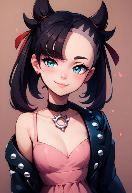 score_9, score_8_up, score_8, big breasts, (curvy), cute, eyelashes, 
BREAK, 
zzMarnie, black jacket, pink dress, hair down, black choker, looking at viewer, cleavage, collarbone, upper body, closed mouth, open jacket, off shoulder, head tilt, blush, smile,  ,zPDXL, Expressiveh, 
hearts, 
abstract background,