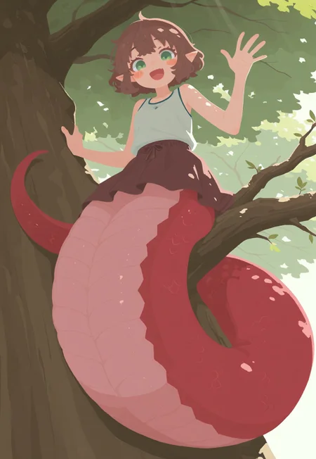 flat color, no lineart, blending, negative space, 1girl, solo, monster girl, lamia, red tail, tank top, skirt, short hair, fluffy hair, brown hair, blush stickers, :D, green eyes, tareme, eyelashes, long eyelashes, pointy ears, in tree, tail coiled around branch, short tail, tree shade, waving, (dappled light), light rays, from below, lookin down at viewer, full body,
masterpiece, best quality, very aesthetic, absurdres, <lora:illustrious_flat_color_v2:1>, <lora:noobai_vpred_1_monster_girl_v1:1>