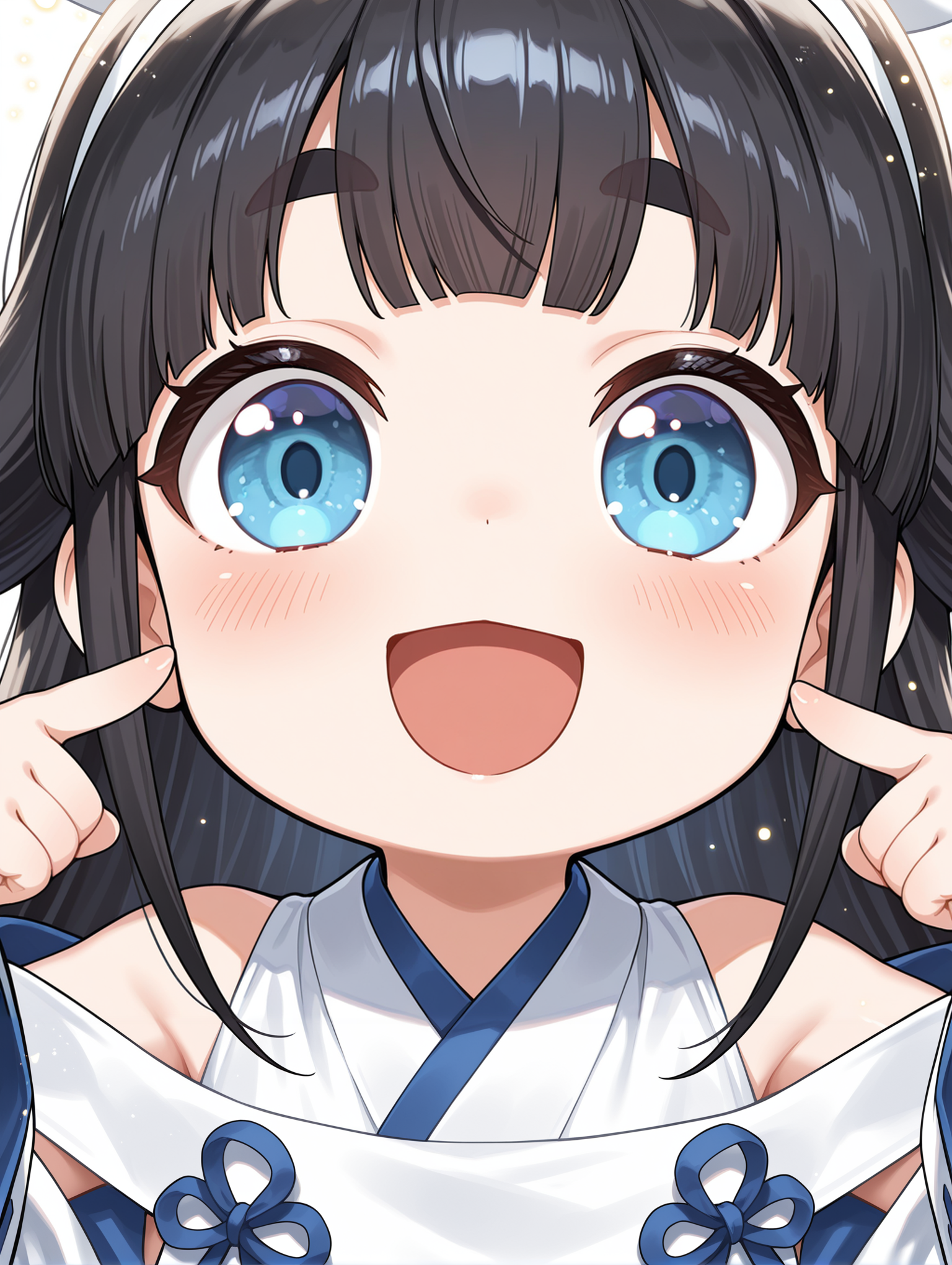 chibi,shinonome the vaylantz priestess,1girl,solo,looking at viewer,open mouth,blush,upper body,bare shoulders,smile,white hairband,white ribbon-trimmed sleeves,white sleeveless kimono,white breast curtain,thick eyebrows,upper body,bare shoulders,triangle mouth,close-up,pointing at self,simple background,white background,
masterpiece,best quality,amazing quality,very aesthetic,absurdres,newest,scenery,extreme detail,8k,light particles,soft lighting,volumetric lighting,intricate details,finely detailed,detailed eyes,<lora:Shinonome the Vaylantz Priestess illusXL v1.1:0.75>,