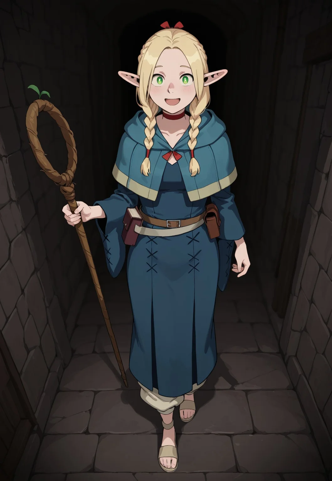 masterpiece, best quality, amazing quality, very aesthetic, absurdres, Dunmeshi_Marcille, 1girl, solo, female focus, pointy ears, blonde hair, green eyes, HairTwinbraids, red choker, blue hooded capelet, hood down, blue dress, furisode sleeves, brown belt, belt pouch, book holster, beige pants, beige sandals, full body, staff, holding, holding staff, smile, :D, looking at viewer, dungeon, dark, perspective, walking