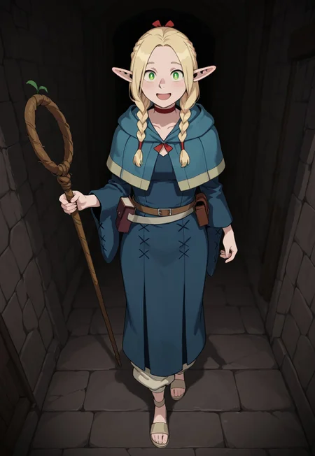 masterpiece, best quality, amazing quality, very aesthetic, absurdres, Dunmeshi_Marcille, 1girl, solo, female focus, pointy ears, blonde hair, green eyes, HairTwinbraids, red choker, blue hooded capelet, hood down, blue dress, furisode sleeves, brown belt, belt pouch, book holster, beige pants, beige sandals, full body, staff, holding, holding staff, smile, :D, looking at viewer, dungeon, dark, perspective, walking