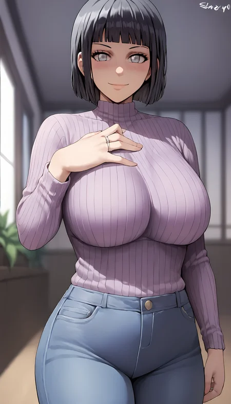 score_9,score_8_up,score_7_up,1girl,hyuuga hinata,solo,mature female,looking at viewer,blush,smile,short hair,bangs,black hair,jewelry,closed mouth,grey eyes,cowboy shot,pants,indoors,blunt bangs,large breasts,blurry background,bob cut,plant,hand on own chest,ribbed sweater,purple sweater,jeans,wedding ring,bedroom,<lora:Shexyo_Style__PONY_XL:1.4>,