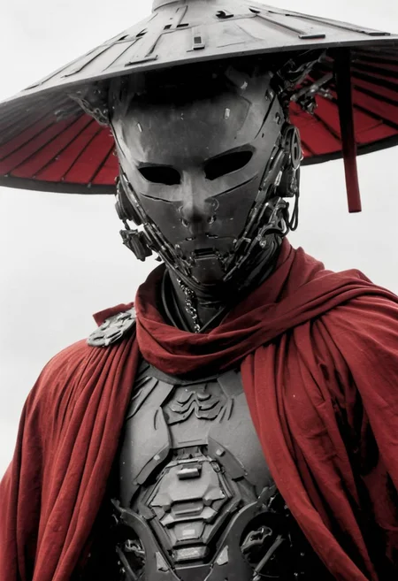 Capture the essence of transcendence and power in the stillness of a cyborg samurai resembling hannibal leckter meditating atop the wing of a colossal airborne carrier, piercing through the fluffy dense clouds. dark moonlit sky, Cloaked in sun-bleached linen, adorned with a towering translucente sss sedge hat veiling his face, his metallic intricacies faintly aglow in translucent dark red, amidst a world of ethereal heights and serenity. Long Cape in Wind,
., atmospheric haze, Film grain, cinematic film still, shallow depth of field, highly detailed, high budget, cinemascope, moody, epic, OverallDetail, 2000s vintage RAW photo, photorealistic, candid camera, color graded cinematic, eye catchlights, atmospheric lighting, imperfections, natural, shallow dof