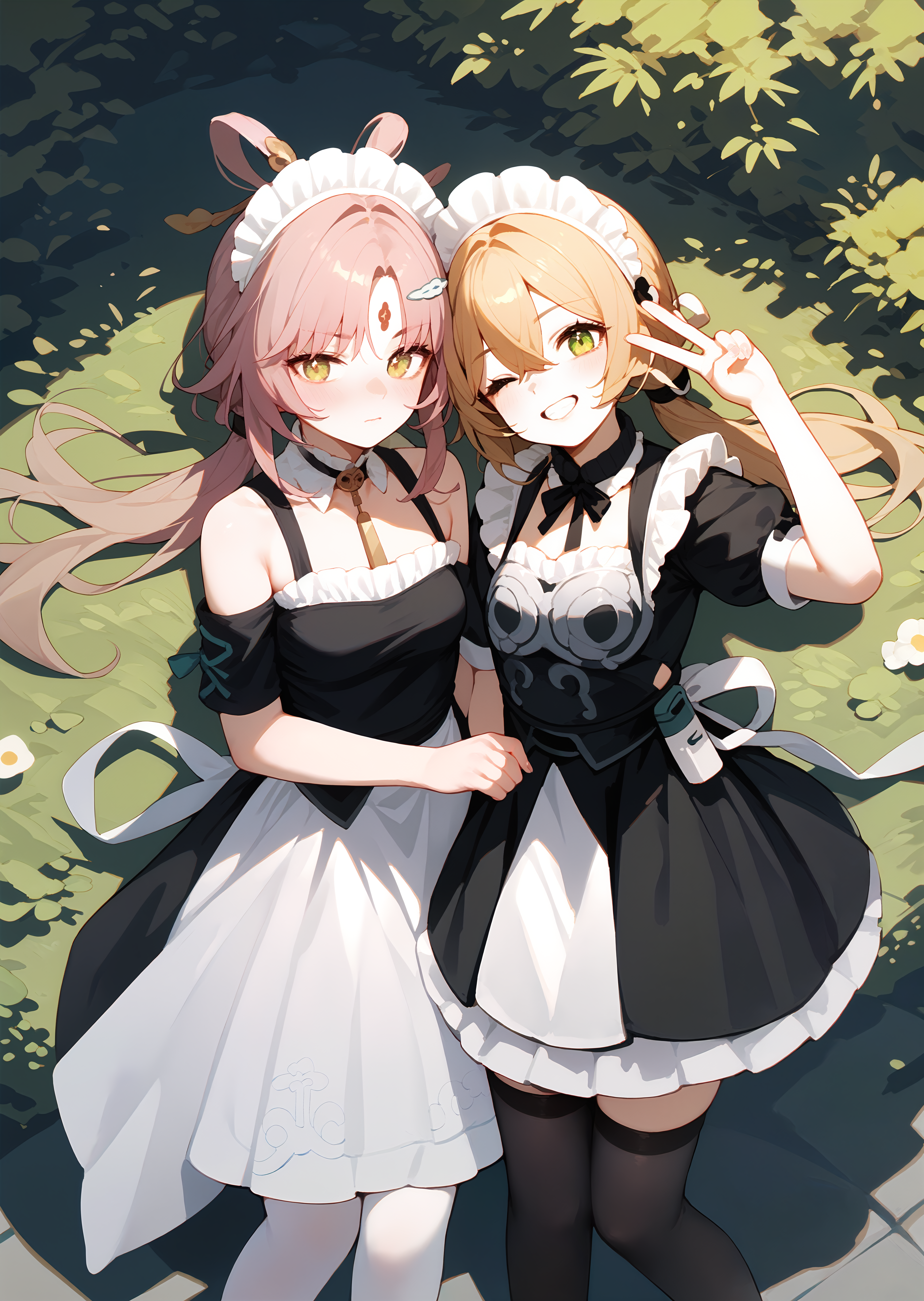 (score_9, score_8_up, score_7_up), 2girls, from above, cowboy shot, maid apron, maid headdress ADDCOMM
<lora:fuxuan-strPO-v1b:0.8>, 1girl, fuxuan, white thighhighs, hair ornament, forehead mark, crossed arms, closed mouth, blush BREAK
<lora:qingque-strPO-v1ar:0.8>, 1girl, qinque, crossed bangs, black thighhighs, v, one eye closed, smile BREAK