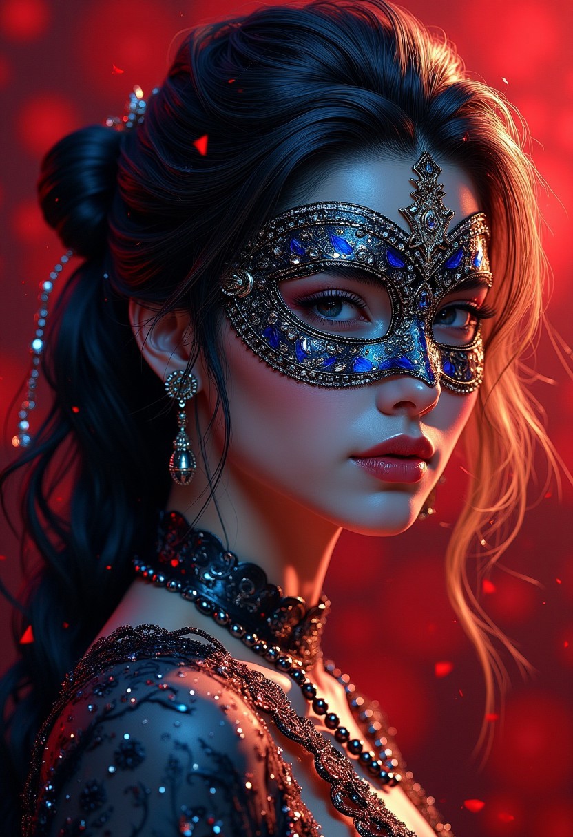 abstract photorealistic ink image in red, black and blue, oriental woman at a masquerade ball, long dark hair with blonde highlights, jewelled earrings, necklaces, sequinned robes, wearing an elaborate masquerade mask, directional lighting illuminating her from one side