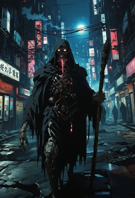 An AI generated image depicting an illustration similar to officall art for a high quality, science fiction anime series, 
The image is dark and depicts and urban cityscape, neon lights create a fuzzy atmosphere that contrasts with the coldness of exposed concrete, cracked buildings and garbage on a cold city night. 
A hooded figure stands in the foreground, their face extremely detailed but slightly obscured from view. The figure resembles the entity death, they have a skeletal appearance, with glowing red eyes, as if a laser was directed at the viewer. The figures mouth hangs open, with smoke billowing out of the protruding jaw. The figures body beneath the dark hooded cloak is a mix of technorganic and cybernetic constructs, exposed wire and circuitry, metal and cyborg-styled anatomy with an exposed bone skeleton. the figure appears too be walking towards the viewer and is holding a wooden staff, a walking stick of sorts, twisted and knotted wood longer than the length of the figure. 
The figure has a dark aura, with fog or smoke seemingly following the figure giving it a supernatural feel, 
The image has background blur and depth of field, garbage and paper litter the background and are blown by the wind. Highrises dot the horizon. The city feels dead and empty, affected by a paranormal presence.
anime style, anime style, cyberpunk