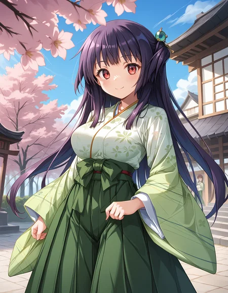 score_9, score_8_up, score_7_up, source_anime, <lora:add-detail-xl:1>, good anatomy, masteries, amazing quality, ultra detailed, good hand,
BREAK <lora:michiru-sawatari Chrono Clock (Purple Software):0.7> michiru-sawatari, purple hair, long hair, 1side up, hair ornaments, beads, blue beads, kanzashi, beads kanzashi, red eyes, large breasts,
BREAK outfit03, Japanese clothes, kimono, yellow green kimono, patterned kimono, cherry blossom pattern, long sleeves, wide sleeves, hakama, hakama skirt, green hakama skirt, waist bow, green waist bow,
BREAK 1girl, posing, smile, in town,
