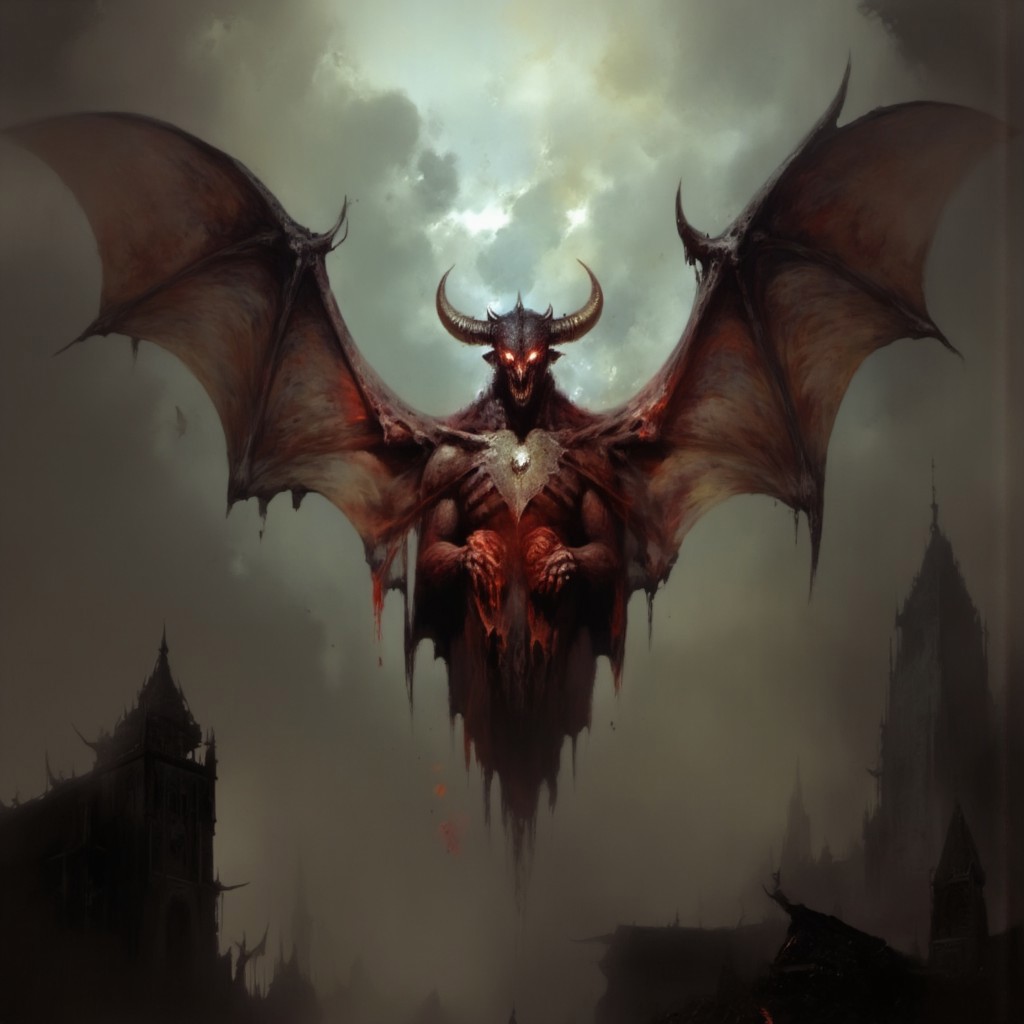 first person pov, 3D01S, simple background atmospheric and powerful dark fantasy, natural organic and first person pov of a 
A small menacing imp looking red-skinned fire gargoyle, blending the features of a bat and a demon. Its short body is covered in rough, crimson hide, with massive leathery wings stretching from its back, ready to launch into the air. Its glowing, fiery eyes pierce the darkness, while sharp horns protrude from its head. The creature's hands, tipped with razor-like claws, clutch a ball of bloody meat, ready to hurl at its prey. Its stance is hunched, exuding an aura of fear. Its long, sharp fangs glisten. It hovers just above the ground, prepared to unleash fiery devastation from the skies. The creature embodies the brutal, animalistic enforcer of the infernal realm. 
UHD letterboxed game trailer frame chromatic aberration dark atmosphere sharp masterpiece with a focus on the character, elden ring style, dark atmosphere, chromatic aberration