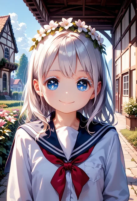 score_9, score_8_up, score_7_up, 1girl, okada style, masterpiece, best quality, ultra high res, smiling, happy, (detailed eyes:1.2), 8K, Best Quality, Masterpiece, Ultra High Resolution, (Realism: 1.4), Original Photo, (Realistic Skin Texture: 1.3), (Film Grain: 1.3), Sapphire Color Eyes and Beautiful Face Details, Highest Quality Picture Quality, white hair, blue eyes, (white eyeshadow), (white eyelashes) ,set in a fantasy world with sparkling stars, fantasy flower crown on her head, school uniform,messy, indoors, clutter, very aesthetic, scenery, outside, house, garden