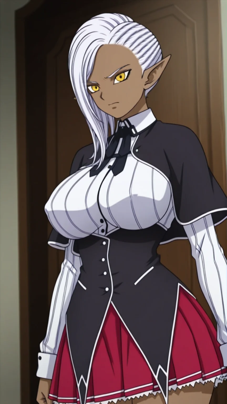 anime coloring, highres, anime screenshot, dramatic lighting, intricate details, masterpiece, best quality, absurdres, depth, <lora:DxD_Outfit-30:0.9> (Kuoh_Outfit:1.1), red skirt, pleated skirt, capelet, black capelet, corset, black corset, white shirt, long sleeves, 1girl, large breasts, covered nipples, big hips, curvy hips, thick thighs, <lora:Iwaza_XL:1> Iwaza_XL, pointy ears, dark elf, asymetrical hair, perfect eyes