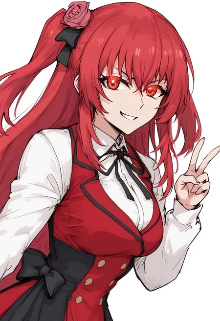 score_9, score_8_up, score_7_up, solo, upper body portrait, naughty traditional art, lineart, fully clothed, action pose, V sign,
<lora:Amelia_Rose:0.8>, amelia_rose, 1girl, red hair, red eyes, Main dress; school uniform, white thighhighs,
glowing eyes, smug, hair ornament,
looking at viewer,
dark fantasy,
<lora:cutesexyronutts_style_xl:0.8>, <lora:Black_souls_style:0.8>, <lora:artisdex_Art_Style_PONY_XL_by_UOC:0.6>, 4rtisd3x, artisdex, artisdex art style,