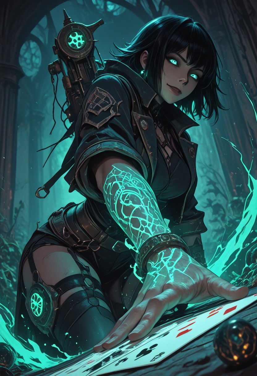 mysterious female gambler, punk mystic vibe, glowing eyes, smirking confidently, throwing glowing dice toward the viewer, enchanted playing cards, extreme foreshortening, dynamic action pose, angle from below, worm's-eye view, cinematic fantasy scene, large dice in foreground, sleek dark clothing with arcane glowing patterns, waist-up view, hand reaching toward the camera, glowing tattoos, energetic motion, dark magical saloon or ancient temple setting, mystical lighting, high detail, dramatic depth of field, visual intensity, bold composition, dark fantasy style, ultra sharp focus on eyes and dice,