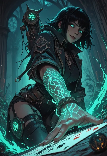 mysterious female gambler, punk mystic vibe, glowing eyes, smirking confidently, throwing glowing dice toward the viewer, enchanted playing cards, extreme foreshortening, dynamic action pose, angle from below, worm's-eye view, cinematic fantasy scene, large dice in foreground, sleek dark clothing with arcane glowing patterns, waist-up view, hand reaching toward the camera, glowing tattoos, energetic motion, dark magical saloon or ancient temple setting, mystical lighting, high detail, dramatic depth of field, visual intensity, bold composition, dark fantasy style, ultra sharp focus on eyes and dice,