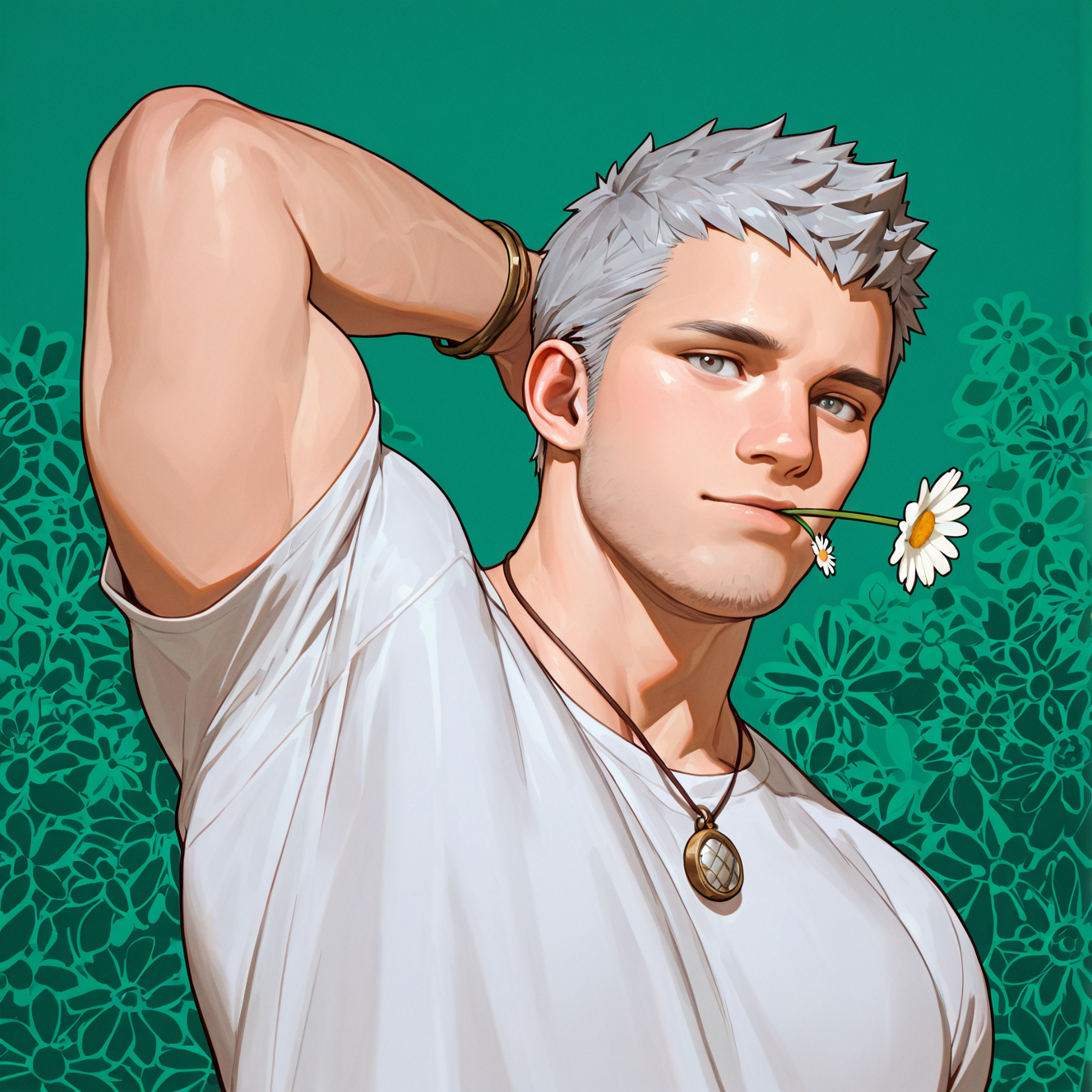 <lora:NERO-07:1>
nero, solo, looking at viewer, short hair, shirt, 1boy, closed mouth, jewelry, grey eyes, white shirt, upper body, grey hair, mature male, muscular male, muscular, male focus, flower, short sleeves, necklace, bara, arm up, bracelet, watermark, white flower, t-shirt, grey shirt, green background, pendant, arm behind head, realistic, floral background, daisy, flower in mouth, mouth hold
, motion blur, film grain, abstract, natural lighting, fantasy, cinematic, dynamic view, very awa, masterpiece, best quality, absurdres, newest, perfect quality, detailed background, intricate details, (artist:fl \(l-fl\):0.7), (artist:tooboshoo:0.7), (artist:dizdoodz:0.8)