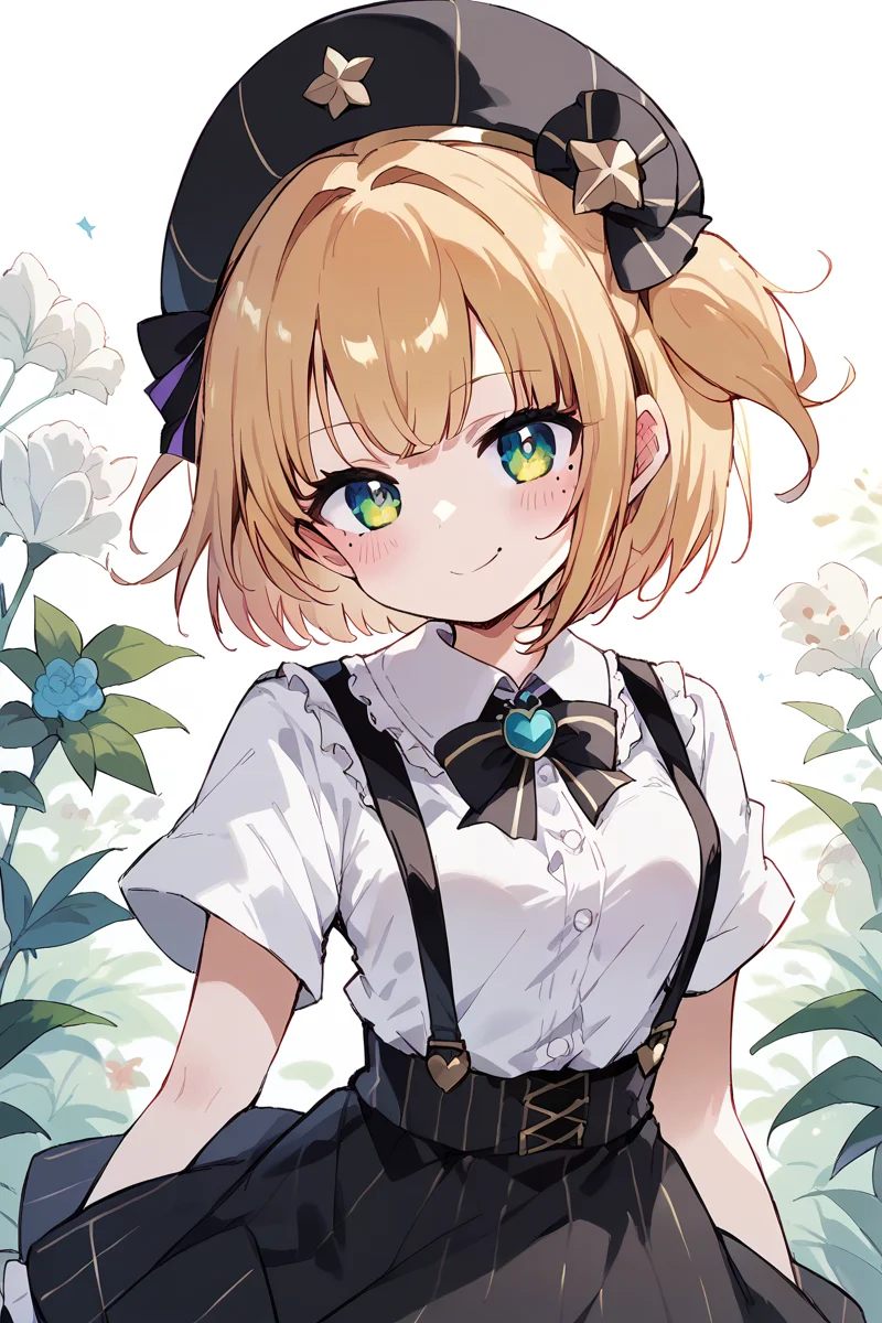 score_9, score_8_up, score_7_up, score_6_up,
<lora:Kihyahya:1> kihyahya, 1girl, solo, virtual youtuber, suspenders, hat, shirt, mole under eye, mole, skirt, white shirt, suspender skirt, black headwear