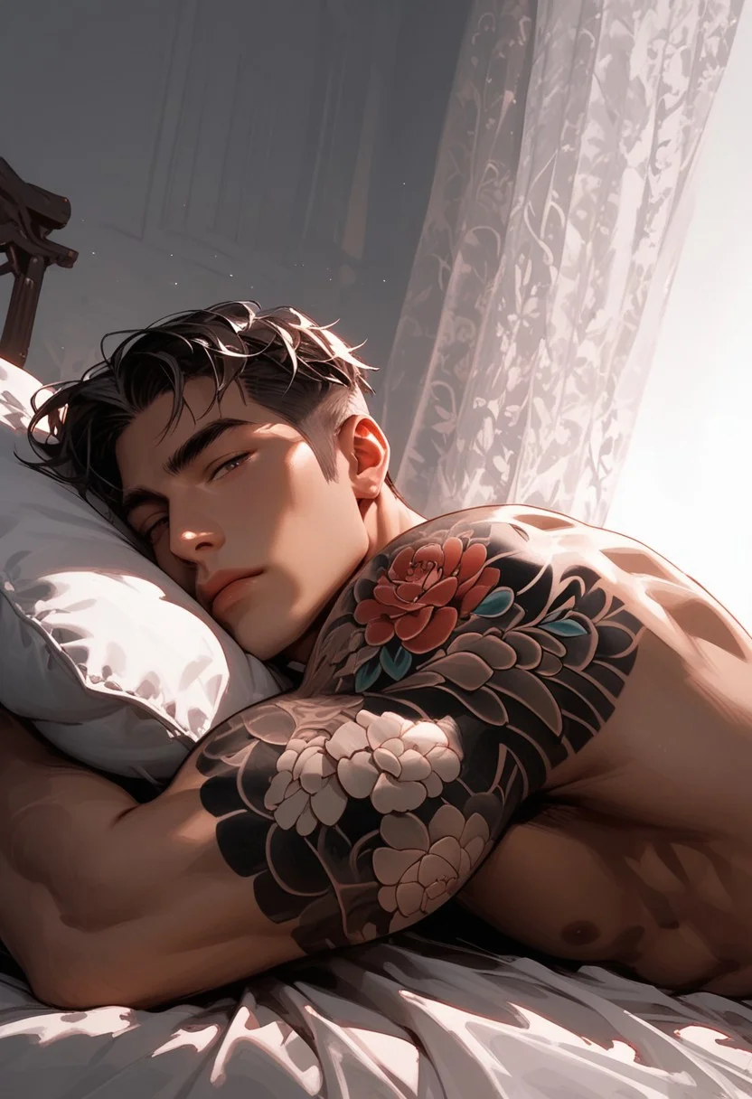 score_9, score_8_up, score_7_up, very aesthetic, 1boy, handsome, solo , naked, laying on stomach in a white bed, underarm hair, relaxed, head resting in a pillow, perfect ass, homoerotic, looking at viewer, perfect face, dramatic lighting, vivid grey background, below side view, ass focus, floral arm tattoo, floral shoulder tattoo,