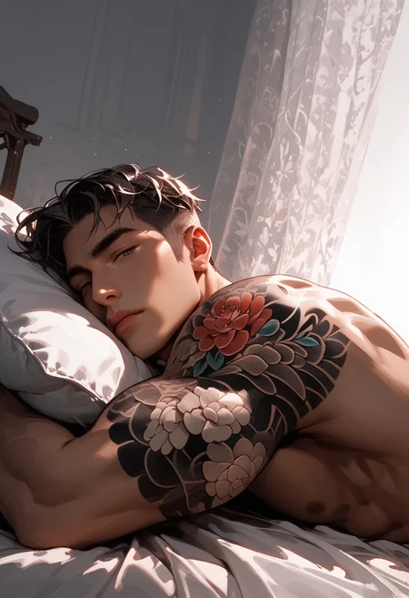 score_9, score_8_up, score_7_up, very aesthetic, 1boy, handsome, solo , naked, laying on stomach in a white bed, underarm hair, relaxed, head resting in a pillow, perfect ass, homoerotic, looking at viewer, perfect face, dramatic lighting, vivid grey background, below side view, ass focus, floral arm tattoo, floral shoulder tattoo,