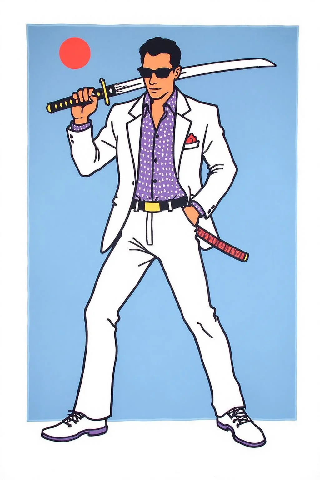 teha1 illustration.
A gangster wearing a white suite, holding a katana in combat ready pose. <lora:teha1_cap_d6a3e11:1.0><lora:827653263512978483:0>