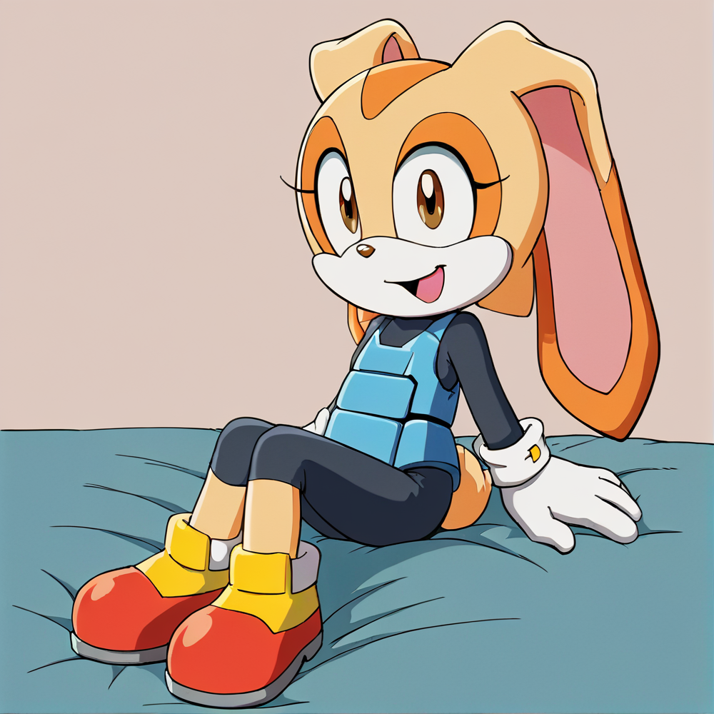 hi res, best quality, solo, female, (source_cartoon), Score_9, score_8, score_7, ultra detailed, (masterpiece), best anatomy, small body, young, petite, short, <lora:Cream_the_rabbit:1>, 1girl, animal nose, brown eyes, cre@m_the_rabbit, flat chest, furry, white gloves, open mouth, rabbit ears, rabbit girl, two-tone fur, official style, rabbit tail, sitting, smile, full body, standing, futuristic armor,