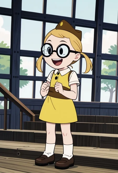 score_9, score_8_up, score_7_up BREAK BessieH, 1girl, blonde hair, pigtails, black eyes, round glasses, brown garrison cap with yellow button, brown sash, white-collared yellow dress, short white sleeves, white socks, black shoes, screenshot, official art, parody, anime footage, official design, screencap, anime screenshot, official screenshot, 2d, anime, source_anime, solo, solo focus, happy, full body,