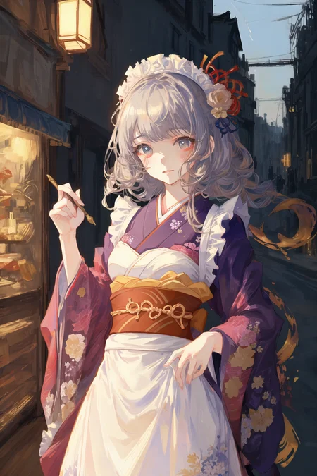 art by Cornflower, dreamy, <hypernet:Cornflower_Phantom:1.0>
((extremely detailed CG unity 8k wallpaper),(masterpiece), (best quality), (ultra-detailed), (best illustration),(best shadow), (an extremely delicate and beautiful), dynamic angle, floating, finely detail, (bloom), (shine), glinting stars, classic, (painting), (sketch), Taisho steampunk, (steampunk:1.2)
(1girl:1.7), (2020s), (cute face:1.3), anime face, ((solo)), beautiful detailed face, shiny hair, colorful clothes, (kimono), (Japanese maid), maid dress, maid headdress, hair flower, hair ornament, (Frill), Brass Pocket Watch, extremely delicate and beautiful girls, beautiful detailed eyes, cowboy shot,
steam train, building architecture, (Japanese style architecture), (street:1.2))<hypernet:yukoring:0><lora:Cornflower-000001:0>