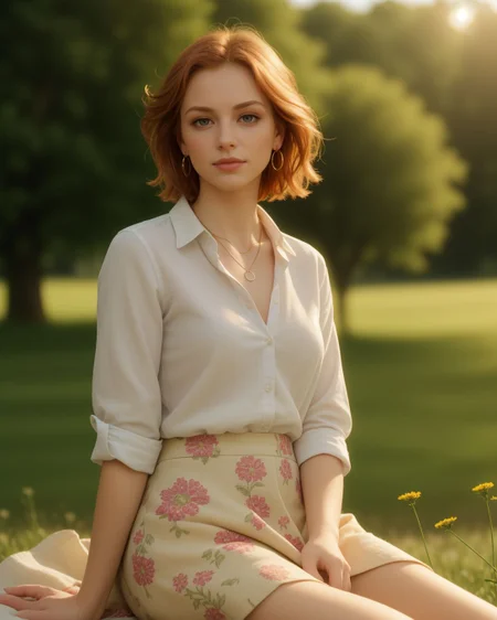 superbloom scenery, 24yo attractive irish redhead, (striking eyes with full limbal ring visible, piercing gaze with prominent limbal rings, large expressive eyes with sharp limbal rings, intense wide eyed stare at viewer:1.4), wide cinematic establishing shot seductive young woman sitting having picnic under tree, (bra strap, cleavage,  young adult irish redhead:1.25), (style of Alessio Albi:1.4), Realist Portraiture, Soft Lighting, Emotional Depth, Simple Compositions, (Layered Depth, Soft focus foreground, Painted Scenery:1.1), alluring feminine physique, short backlit hair, perfect face, thin upper lip, pouting lower lip, thin brows, small upturned nose, bow-shaped lips, Raised Eyebrows, Focused Gaze, eager expression, quaint farm setting, (relaxed country woman), (tight unbuttoned shirt, thin material), subsurface scattering, classic cotton, soft pastel, intricate embroidery collar cuffs, rolled-up sleeves revealing sun-kissed forearms BREAK (blanket:1.15), rich textures, patchwork design, vibrant colors, detailed stitching, homely aesthetic (skirt), elegant rustic charm, subtle floral pattern, linen, sways breeze BREAK ((wildflower wreath)), crown delicate chain necklace, small, intricate pendant, heart-shaped with floral theme, glowing subtly in the soft light, ethereal quality, [lens flare glinting], (mischievous yet content expression), lush green fields in the background, (soft, sunlit ambiance), simple leather boots, carefree hair  <lora:kodak_ultramax_400:0.8> golden hour, soft golden light, pastel sky, relaxed posture, natural smile, earthy colors, candid moment, trees and flowers in background, leading lines, depth of field, slightly off-center framing, warm tones, cinematic look, natural setting, editorial style, soft textures, subtle lighting, peaceful mood