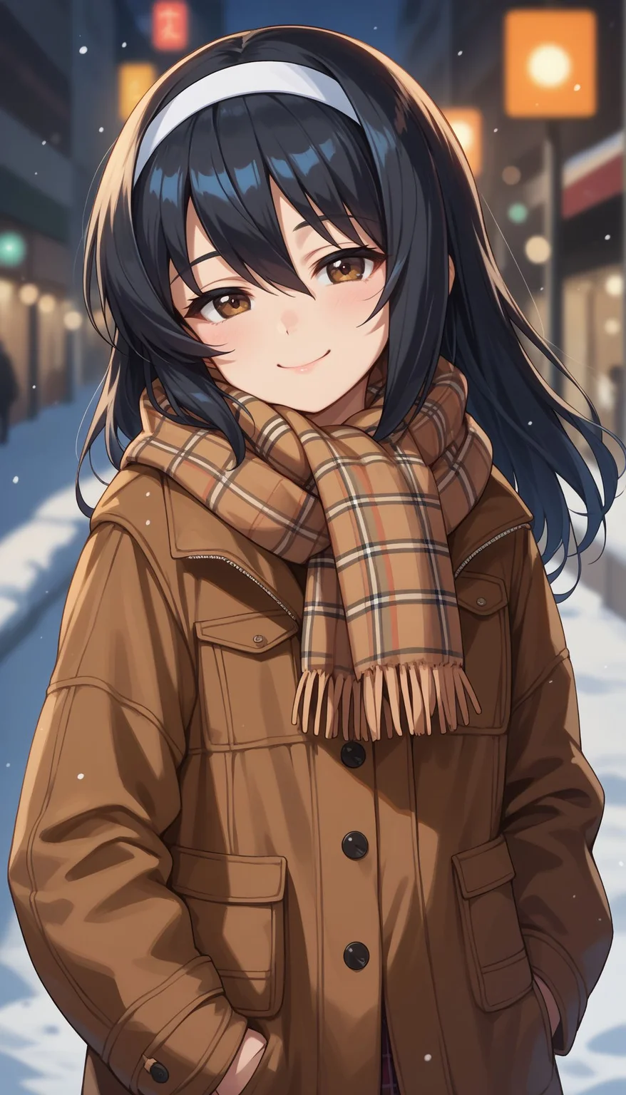 score_9, score_8_up, score_7_up, score_6_up, , solo, 20yo woman, (Beuty:1.1) , (cute:1.3), half-closed eyes
<lora:Mako Reize:1> reizei mako, long hair, black hair, white hairband, brown eyes, scarf, blurry, blurry background, bokeh, depth of field, hair between eyes, jacket, long sleeves, looking at viewer, plaid, plaid dress, plaid jacket, plaid scarf, plaid shirt, scarf, smile, solo, unmoving pattern, street, winter, snow, one hand on pocket, v over eyes,