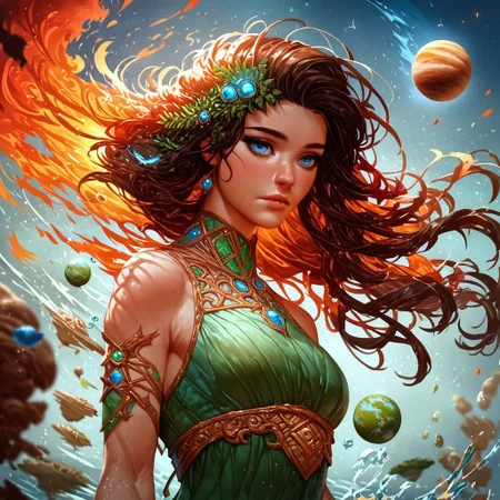 score_9, score_8_up, score_7_up, score_6_up, score_5_up, score_4_up,<lora:Fant5yP0ny:0.8>, 1girl, human, beautiful, brown hair, beautiful, blue eyes, perfecteyes, beautiful, manipulating fire, water, earth and air, green dress, midriff, planet earth background, fantasy, (((high resolution)))