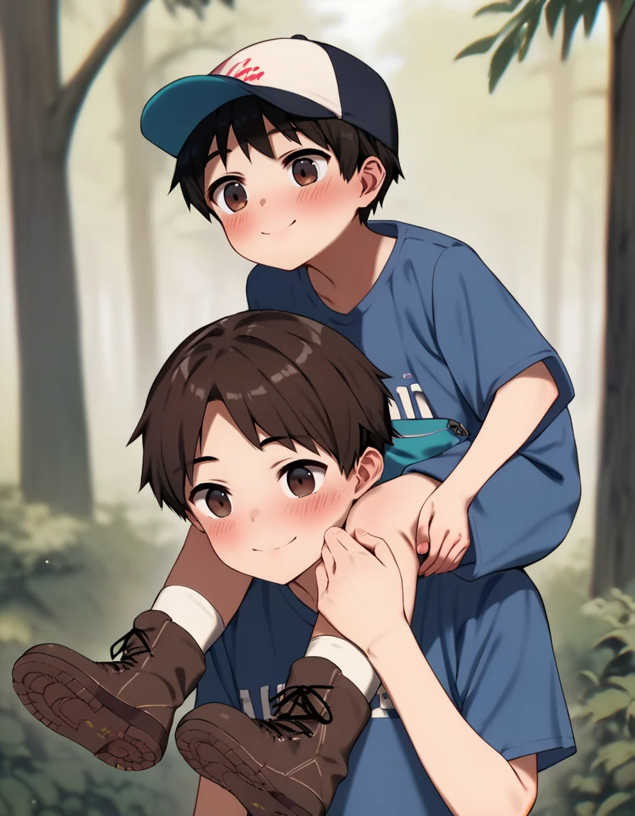 score_9, score_8_up, score_7_up, score_6_up, source_anime, simple background, forest, 2boys, black hair, brown hair, blush, carrying, on shoulders, shoulder carry, shirt, baseball cap, bandaid, closed mouth, smile, hiking boots <lora:modokie-amxl-v1-ShoAI:1> <lora:Carrying_XLPD:1.0>
