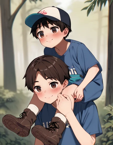 score_9, score_8_up, score_7_up, score_6_up, source_anime, simple background, forest, 2boys, black hair, brown hair, blush, carrying, on shoulders, shoulder carry, shirt, baseball cap, bandaid, closed mouth, smile, hiking boots <lora:modokie-amxl-v1-ShoAI:1> <lora:Carrying_XLPD:1.0>