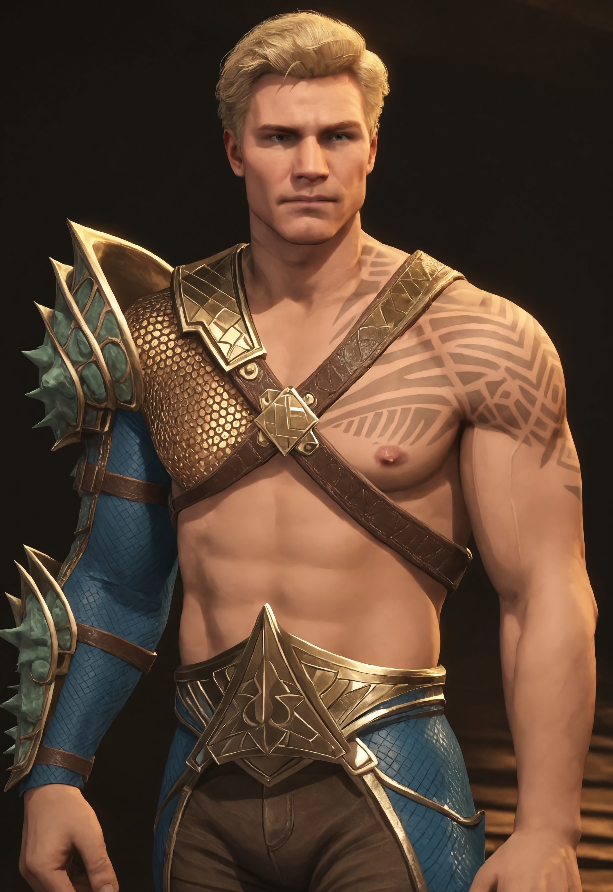 safe_pos, safe_pos, score_9, score_8_up, rating_nsfw, ultra hd, absurdres, best quality, best aesthetic, masculine, solo, 1boy, male focus, perfect proportions, erotic, mature male,

InjusticeAquaman, revealing clothing, tattoo, blonde hair, pants, armor, looking at viewer, stoic look, Expressiveh, realistic, realism, erect nipples