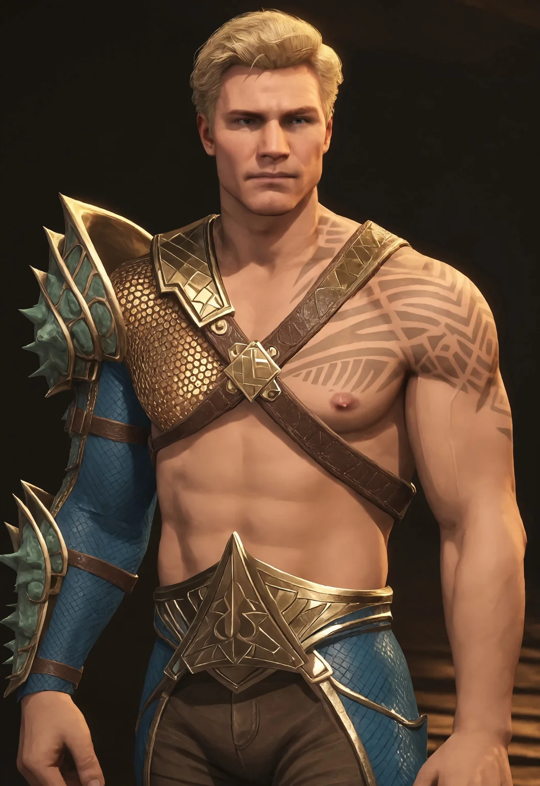 safe_pos, safe_pos, score_9, score_8_up, rating_nsfw, ultra hd, absurdres, best quality, best aesthetic, masculine, solo, 1boy, male focus, perfect proportions, erotic, mature male,

InjusticeAquaman, revealing clothing, tattoo, blonde hair, pants, armor, looking at viewer, stoic look, Expressiveh, realistic, realism, erect nipples