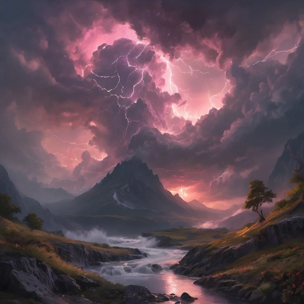 the storm is brewing in the sky, pink glow, sakura, (whirlwind of clouds), (night), fog, rain, moonlight, (tall grass), (very strong wind), (mountaintops), (busy clouds), atmospheric, (reflections), [romantic impressionism, epic scenery art, beautiful oil matte painting, intense, beautiful digital painting, anime landscape, epic painting, dreamlike digital painting, colorful painting, beautiful gorgeous digital art, waves, very faint rainbow, colored lightning bolts