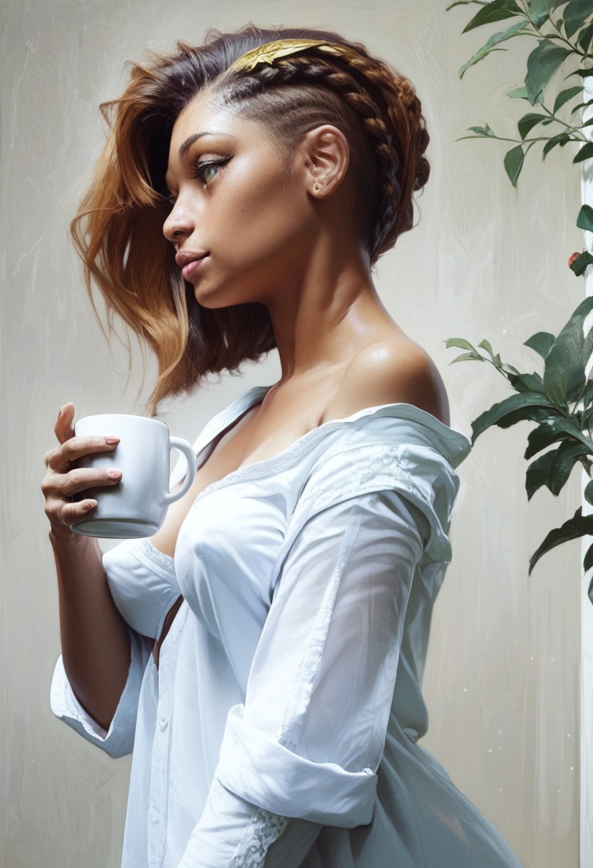 score_9,score_8_up,score_7_up,(masterpiece), best quality, expressive eyes, amazing quality, solo, 1girl, breasts,  breasts apart, from the side, wide hips, breasts apart, white shirt, oversizedshirt, coffee mug, drinking coffee,