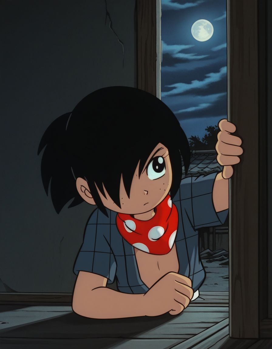 masterpiece, best quality, 1boy, anime screencap, anime coloring, male focus, ninja, barefoot, solo, abandoned japanese bedroom, hair over one eye, full moon, cloudy sky, upper body, peeking out, open clothes, close-up, 
, (night, dark, shadow),
<lora:Saskk10:1>, saskk, black hair, black eyes, freckles, scarf, ponytail, male child, retro artstyle, style parody,