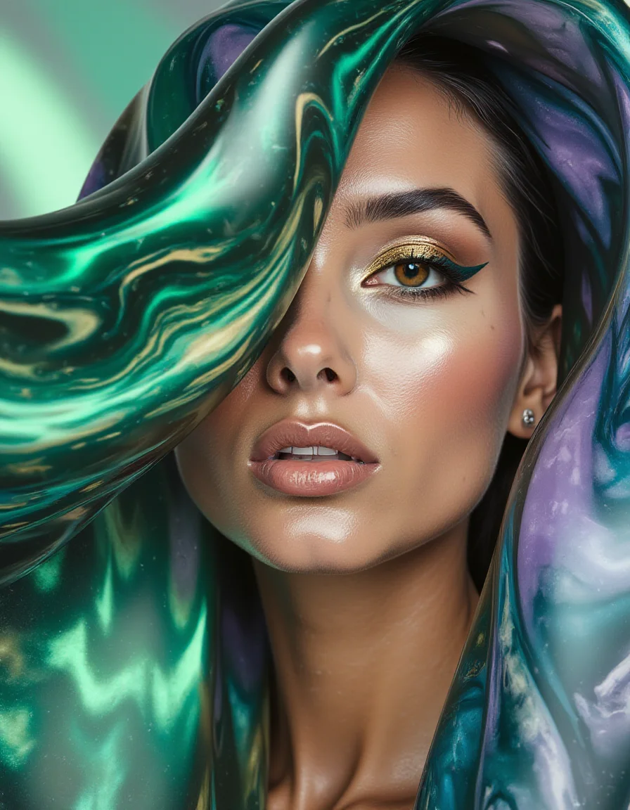 A closeup of a model's face partially obscured by a flowing, translucent veil made of glossy liquid marble. The marble veil shimmers with dynamic patterns of emerald green, lavender, and cobalt blue, refracting light onto her flawless skin. Her makeup is sleek and minimal, with a sharp winged eyeliner in metallic gold and a glossy nude lip that reflects the iridescent hues of the veil. The background is blurred into soft gradients of matching colors, creating a clean, abstract composition.
<lora:ral-lqdmrbls-flux_000004000:1>