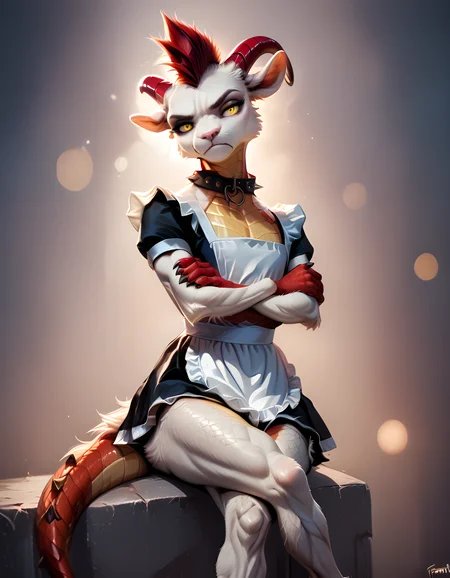 <lora:fkey_pony_v1:1>, <lora:Embril_the_Goat_Dragon:1>, <lora:Furry Enhancer 6.1:0.8>,  <lora:novuschroma60 style:0.8>,  <lora:NicolaSamori:1>, <lora:add-detail-xl:1>, <lora:great_lighting:3>, <lora:xl_more_art-full_v1:1>,  score_9, score_8_up, score_8, (8k resolution, photorealistic, best quality, ultra high res, finely detailed), (source_furry), (((extreme close up:1.4))), ((head tilt side:1.4)), ((sitting with crossed legs)), crossed arms, crossing arms over the chest,   BREAK solo, (thick thighs:0.8) , slim waist, (wide hips:0.8) , androgynous, flat chested, very athletic, muscular anthro goat dragon hybrid 1girl, (white body:1.2), (very short mohawk hair:1.2), yellow eyes, (one eyebrow up), (muscle tension), (submissive), (((annoyed face:1.2))), (blush:0.4), ((red horns, ram horns:1.2)), (very fluffy fur, white fur, realistic fur:1.2), yellow belly scales, (scaly hands, red hands:1.2), (red scaly dragon tail with spikes up, scales on crotch, scales under tail, red accent scales), claws, ((spiky collar:1.4)), talon feet, ((maid)), (short) maid apron,  BREAK (in dark dungeon at night), (complimentary colors:1.4), dark theme, low light,  <lora:hand 4:0.4>, <embedding:zPDXL>,  Hand, zPDXL, Embril, novuschroma60 style bokeh
