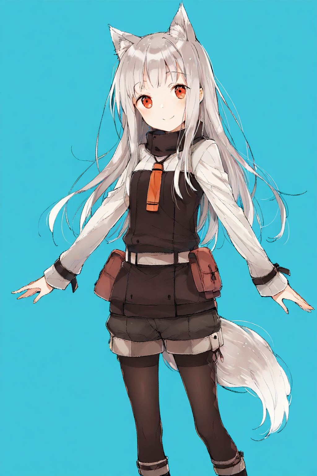 score_9, score_8_up, score_7_up, source_anime, best quality, masterpiece, 1girl, solo, myuri, animal ears, wolf ears, long hair, red eyes, tail, wolf girl, wolf tail, smile, grey hair, pantyhose, long sleeves, legwear under shorts, pouch  <lora:Myuri:1>