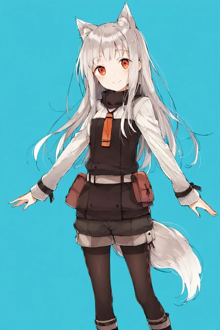 score_9, score_8_up, score_7_up, source_anime, best quality, masterpiece, 1girl, solo, myuri, animal ears, wolf ears, long hair, red eyes, tail, wolf girl, wolf tail, smile, grey hair, pantyhose, long sleeves, legwear under shorts, pouch <lora:Myuri:1>