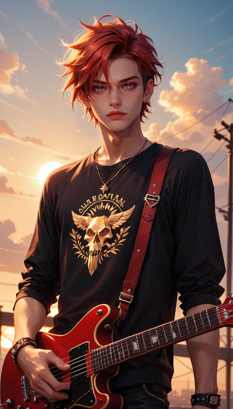 score_9, score_8_up, score_7_up, Cowboy Shot, A punk boy, playing an red guitar, high atop the rooftops, sunset, golden hour lighting, 4n1v3rs3, depth of field, dynamic angle, fashion photography, sharp, hyperdetailed:1.15