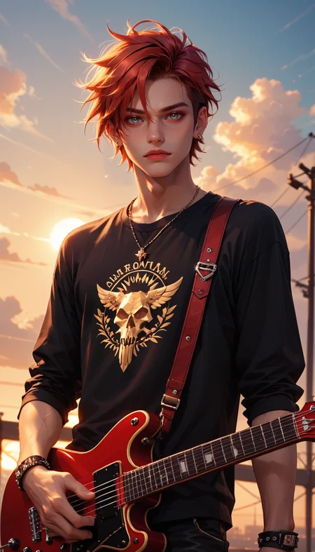 score_9, score_8_up, score_7_up, Cowboy Shot, A punk boy, playing an red guitar, high atop the rooftops, sunset, golden hour lighting, 4n1v3rs3, depth of field, dynamic angle, fashion photography, sharp, hyperdetailed:1.15