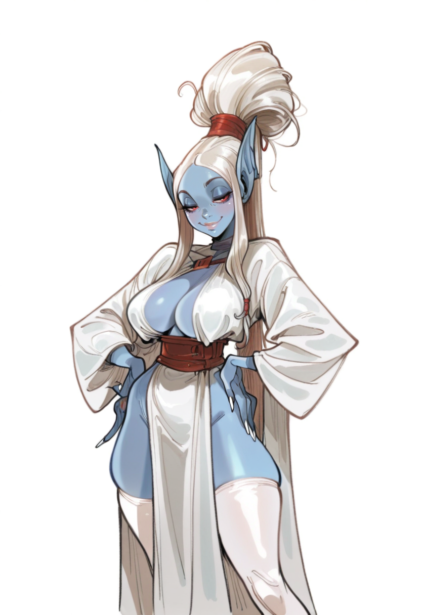 1girl, dark elf, blue skin, white hair, long hair, long ponytail, red eyes, curvy, large breasts, lips, white nails, long nails, white robe, revealing robe, white thighhighs, standing, spread legs, hands on own hips, smile, closed mouth, half-closed eyes, looking at viewer, close-up, solo, white background, simple background, medieval fantasy,
, <lora:AlessandroBarbucciILV1:0.9>, masterpiece, best quality, amazing quality,