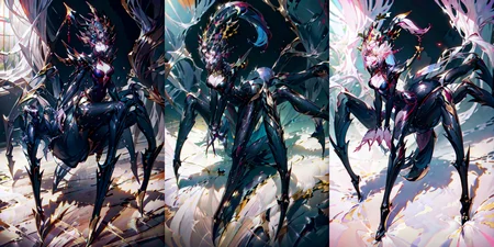 (otherworldly), highly insanely detailed, masterpiece, top quality, best quality, highres, 4k, 8k, RAW photo, (very aesthetic, beautiful and aesthetic), <lora:Spider Queen:1>, 
ZZNH, 1girl, solo, breasts, looking at viewer, large breasts, hair ornament, cleavage, jewelry, medium breasts, full body, earrings, pointy ears, fingernails, bodysuit, shadow, monster girl, claws, arthropod girl, taur, spider girl, arachne, multiple legs, (spider:1.2), CG, 
1girl, 
(__lazy-wildcards/char/haircolor__), 
__lazy-wildcards/dataset/background__, (fantasy world)âââ