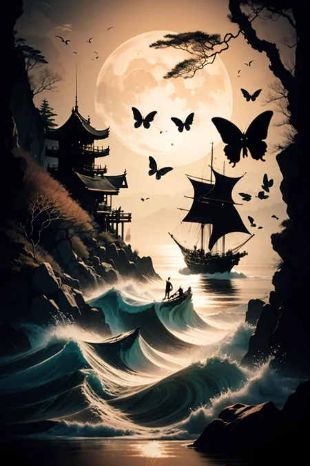 <lora:Calligraphy-ink-style-darquelilly-v1:1> calligraphyinkstyle, fairies swirling around, butterflies, volumetric lighting, night time, sea of lowers, moonlight black background