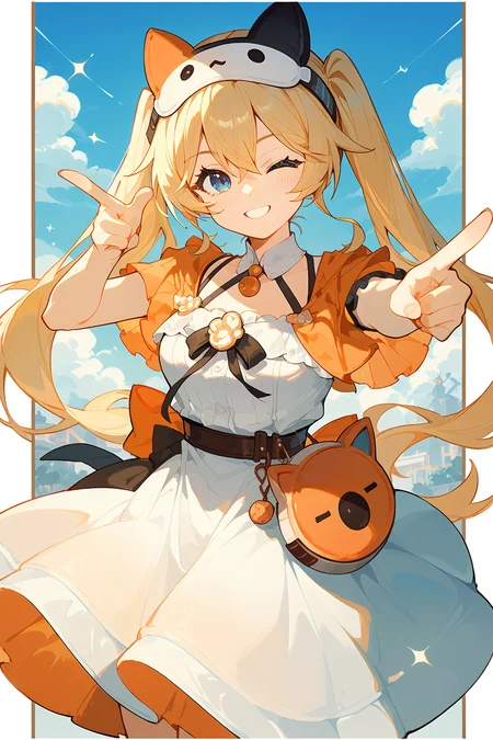 (score_9,score_8_up,score_7_up),<lora:Michele(kalabiqiu)-v1:1>,Michele(kalabiqiu),1girl,blonde hair,blue eyes,one eye closed,long hair,solo,looking at viewer,smile,bangs,closed mouth,dress,pointing at viewer,twintails,hair between eyes,pointing,short sleeves,white dress,headband,breasts,finger gun,border,hair ornament,mask,
good feet,anime,NSFW,expressive,amazing quality,ultra hd 32k,